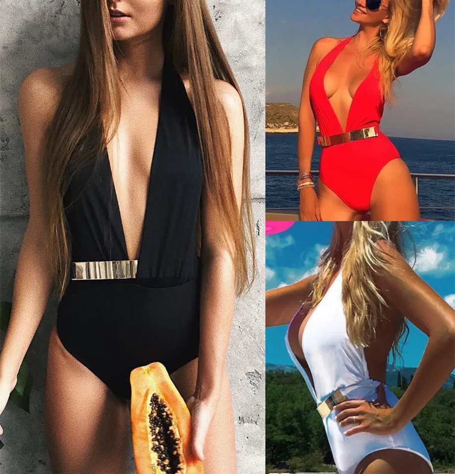 

Sexy Deep V Neck One Piece Swimsuit Women Swimwear Bodysuit Beachwear Bathing Suit Women Monokini Swimsuit White Red Black Brown