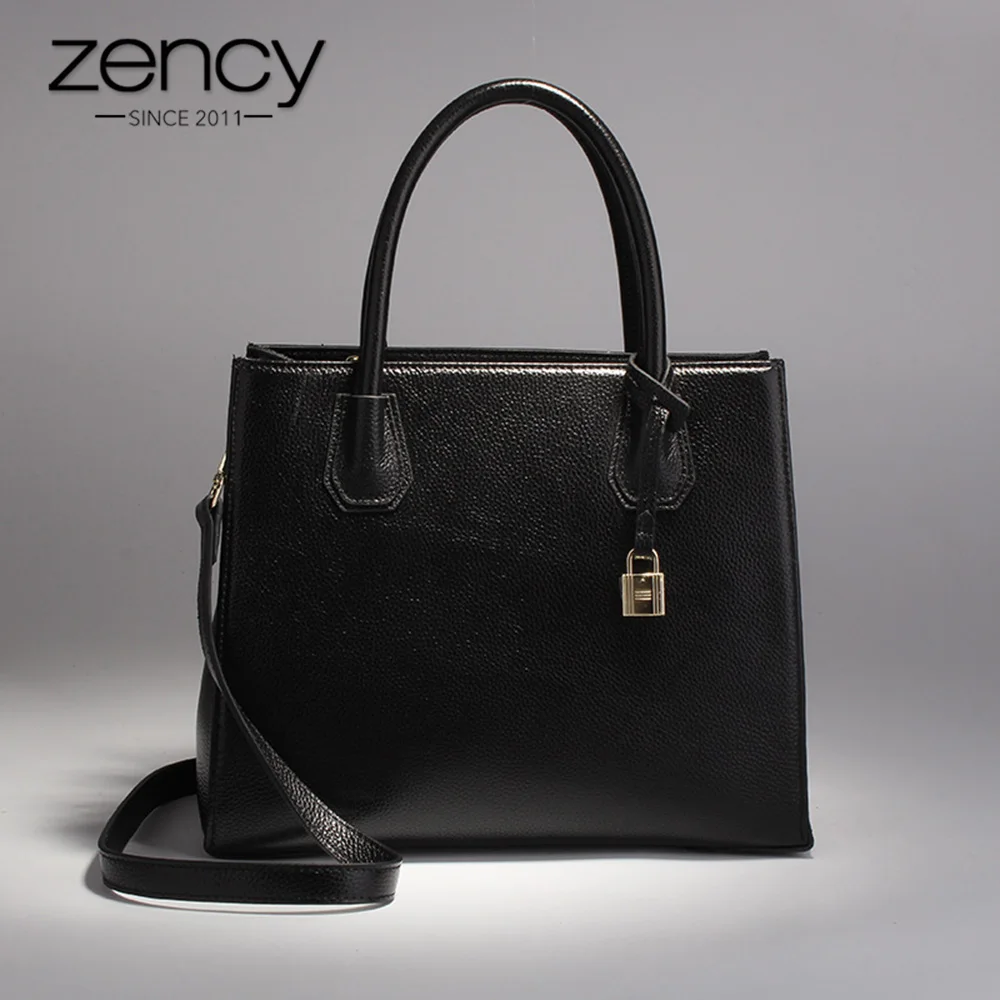 

Zency Lock Decoration Office Lady Tote Bag 100% Genuine Leather Handbag Black Fashion Women Shoulder Messenger Purse Grey