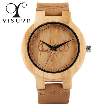 

Gift for Men Women Luxury Casual Simple Cattle Head Bamboo Nature Wood Novel Wrist Watch Quartz Genuine Leather Band Strap