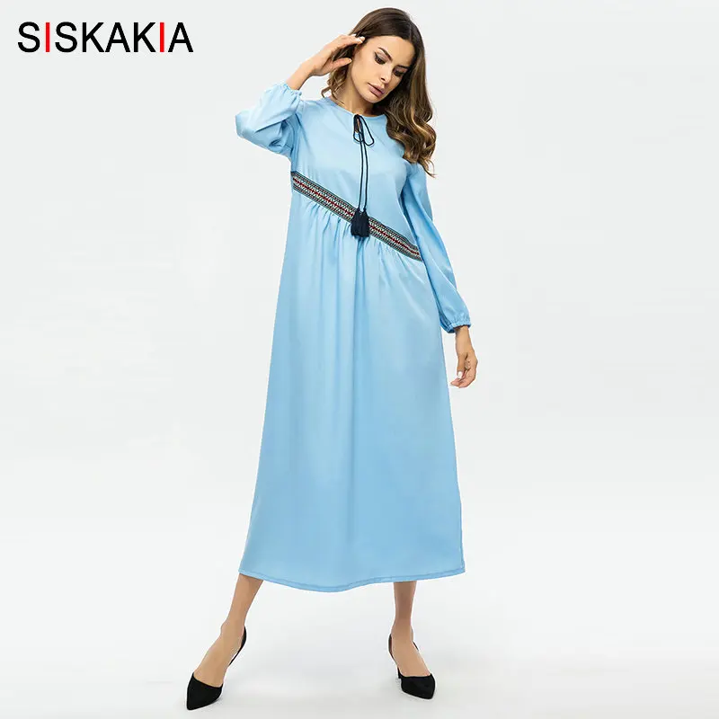 

Siskakia Ethnic Ribbon Embroidered Maxi Long Dress Round Neck Long Sleeve Tassel Drawstring Design Muslim Dresses Blue Ramadan