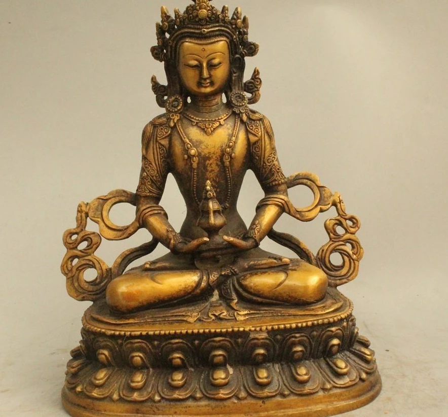 

8" Tibet Buddhism Bronze Seat Amitayus longevity God Goddess Statue Sculpture