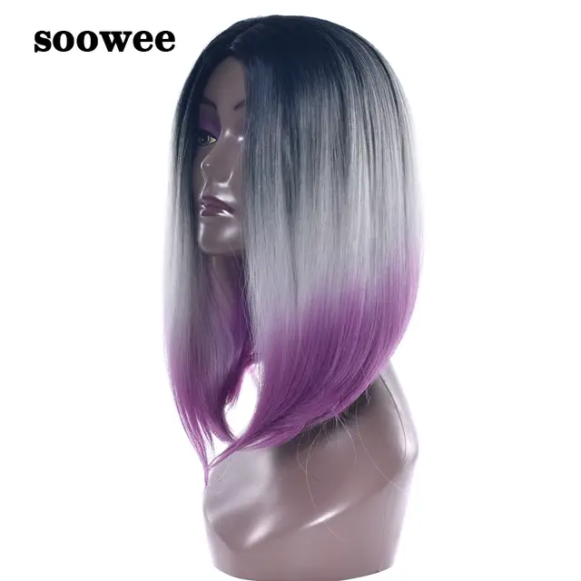 Soowee Synthetic Hair Black Gray Purple Rainbow Hair Bob Short