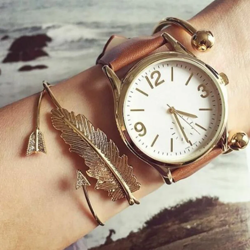 

RscvonM Vintage Feather Leaf Bracelets Women's Fashion Charms Jewelry Pulseras Stainless Steel Gold Filled Chain Bracelet Bijoux