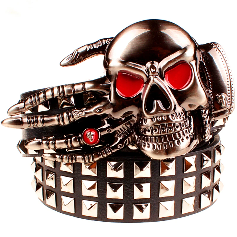 

New fashion big rivet belt skull buckle metal rivets leather belts punk hip hop ghost hand skull belt waistband