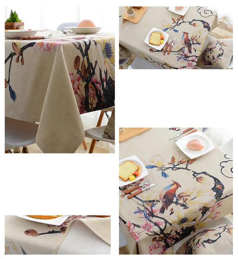 Digital Printed Pastoral Table Cloth For Table Cover Flower Bird Waterproof Polyester Fabric Tableclothes For Rectangular Tables