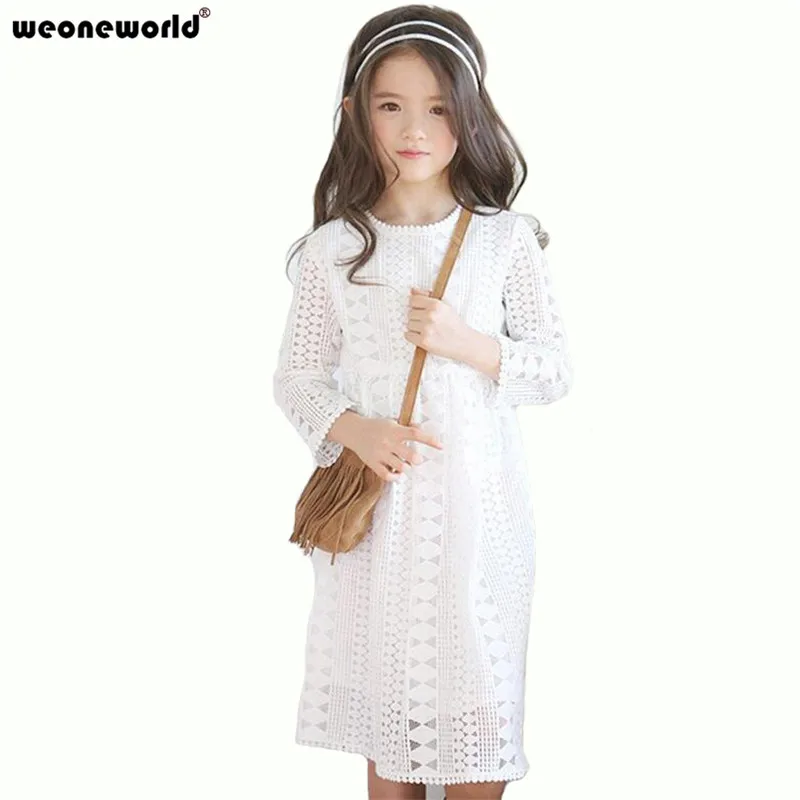 WEONEWORLD Winter Girls White Lace Dress Long Sleeve Knee Length Girls Bridesmaid Kids Spring
