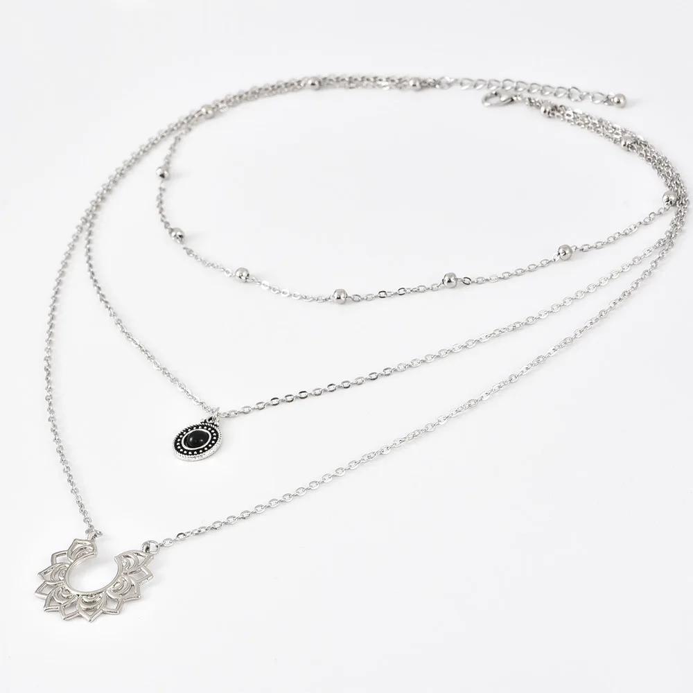 Ретро женское ожерелье капли черный кристалл полукруглый Лотос многослойное серебряное ожерелье в комплекте Женская одежда Аксессуары
