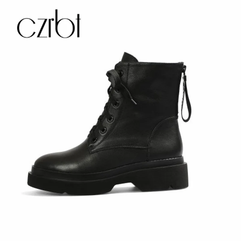 

czrbt 2018 new women's boots all-leather lace-up anti-skid Martin boots fashionable simple pure color joker shoes women