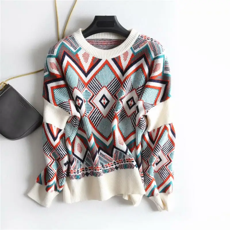 Этнический вязаный свитер контрастного цвета с геометрическим рисунком, винтажный осенний женский короткий пуловер с круглым вырезом, трикотажный джемпер, топы - Цвет: Бежевый
