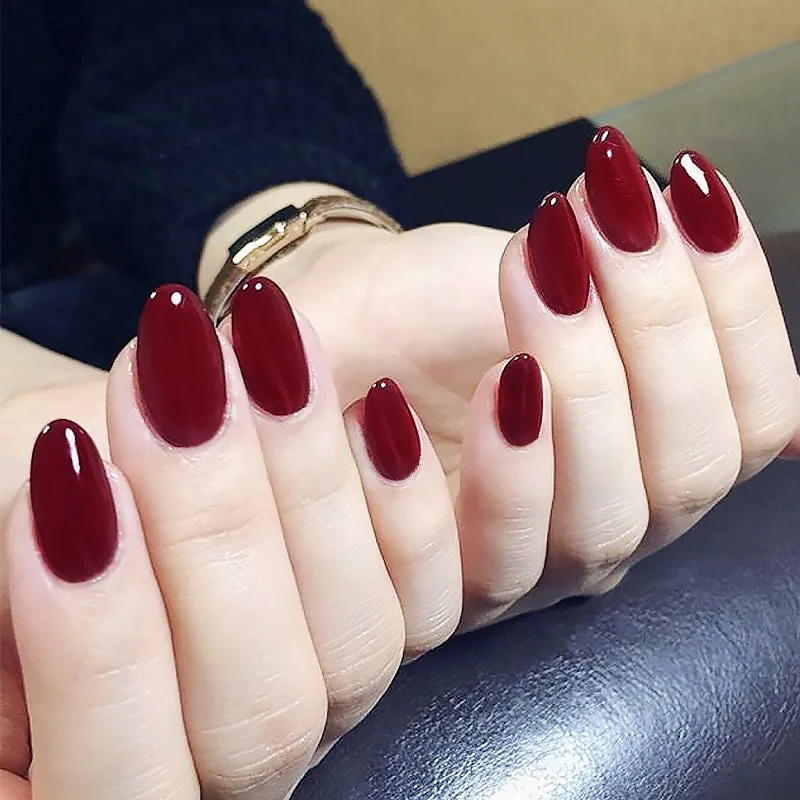 24pcs/Set Gorgeous Wine Red False Nails With Glue Middle Long Round Head Full Nail Tips Finished Fake Nail artificial nails