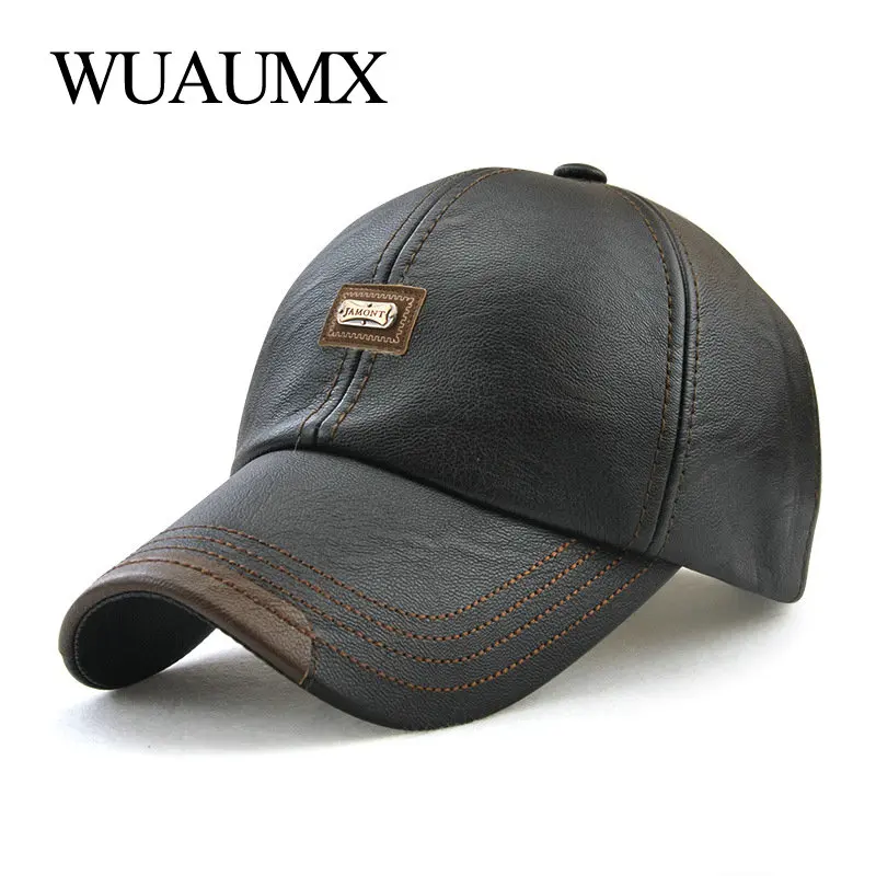

Wuaumx Brand Fall Winter PU Leather Baseball Caps For Men Dad Hat Black Bone Snapback Hip Hop Cap Adjustable Casquette gorras