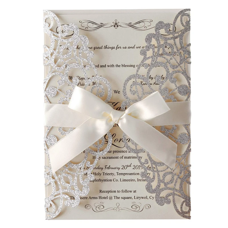 

(50 pieces/lot) Glittery Sliver Laser Cut Wedding Invitations With Shiny Sheet Beige Bow Invite Cards For Party Supplies IC123S