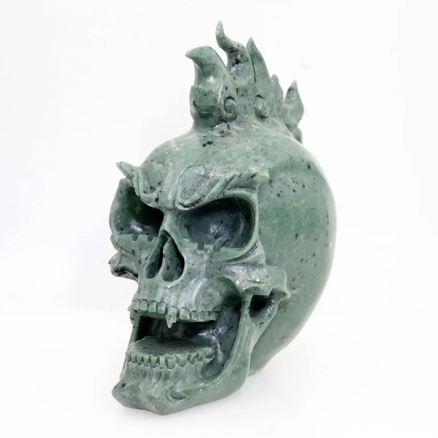 

5.3" 1478g,GREEN JASPER Handmade Carved Crystal Flame Skull Crystal Realistic Healing Furnishing Articles Figurine TF54