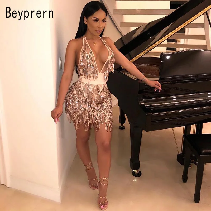 

Beyprern Luxury Sequins Bodycon Bandage Party Dress Fashion Women Gorgeous Sequin Fringed Dress Night Clubwears Birthday Outfits