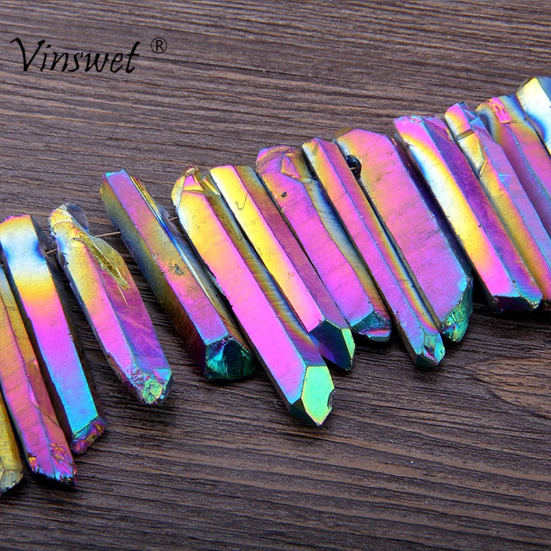 

15.5" Top Drilled Rainbow Raw Crystal Quartz Points Titanium Beads Natural Crystal Pendant for Jewelry Making DIY Necklace