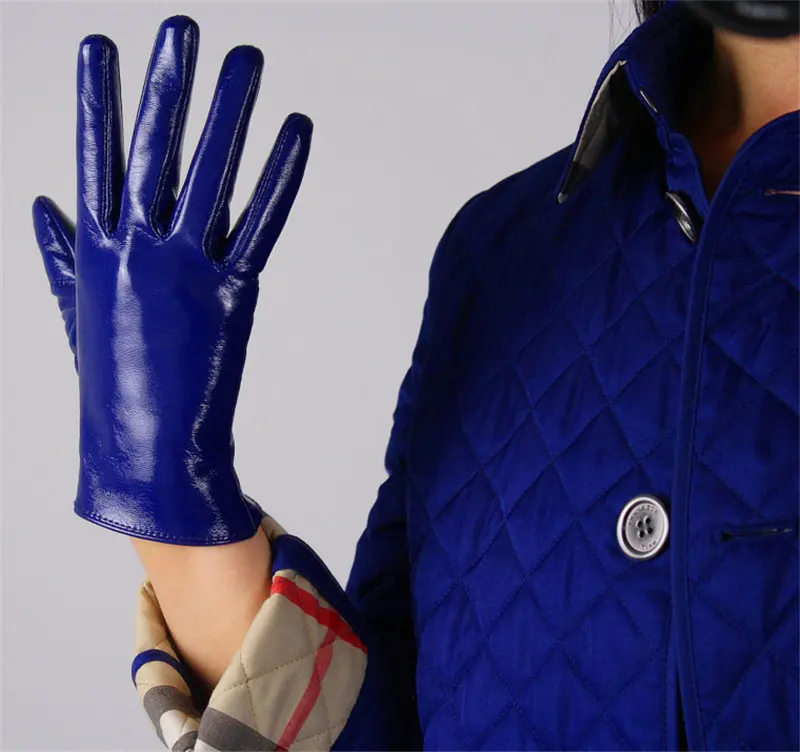 Новинка, женские перчатки из лакированной кожи пу, короткие, 21 см, Яркие Кожаные, для танцевальной вечеринки, имитация кожи, женские перчатки для косплея, PU21 - Цвет: patent leather blue