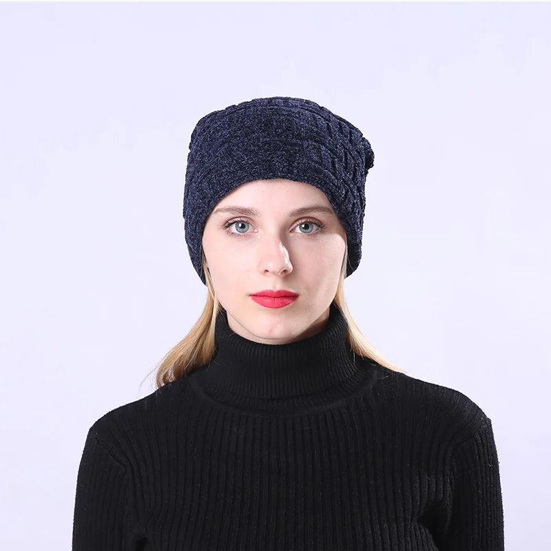 Синель для мужчин и женщин мешковатая громоздкая шапочка зимняя для взрослых однотонная теплая зимняя мужская женская шапка вязаная унисекс Темно-синяя Повседневная шапка