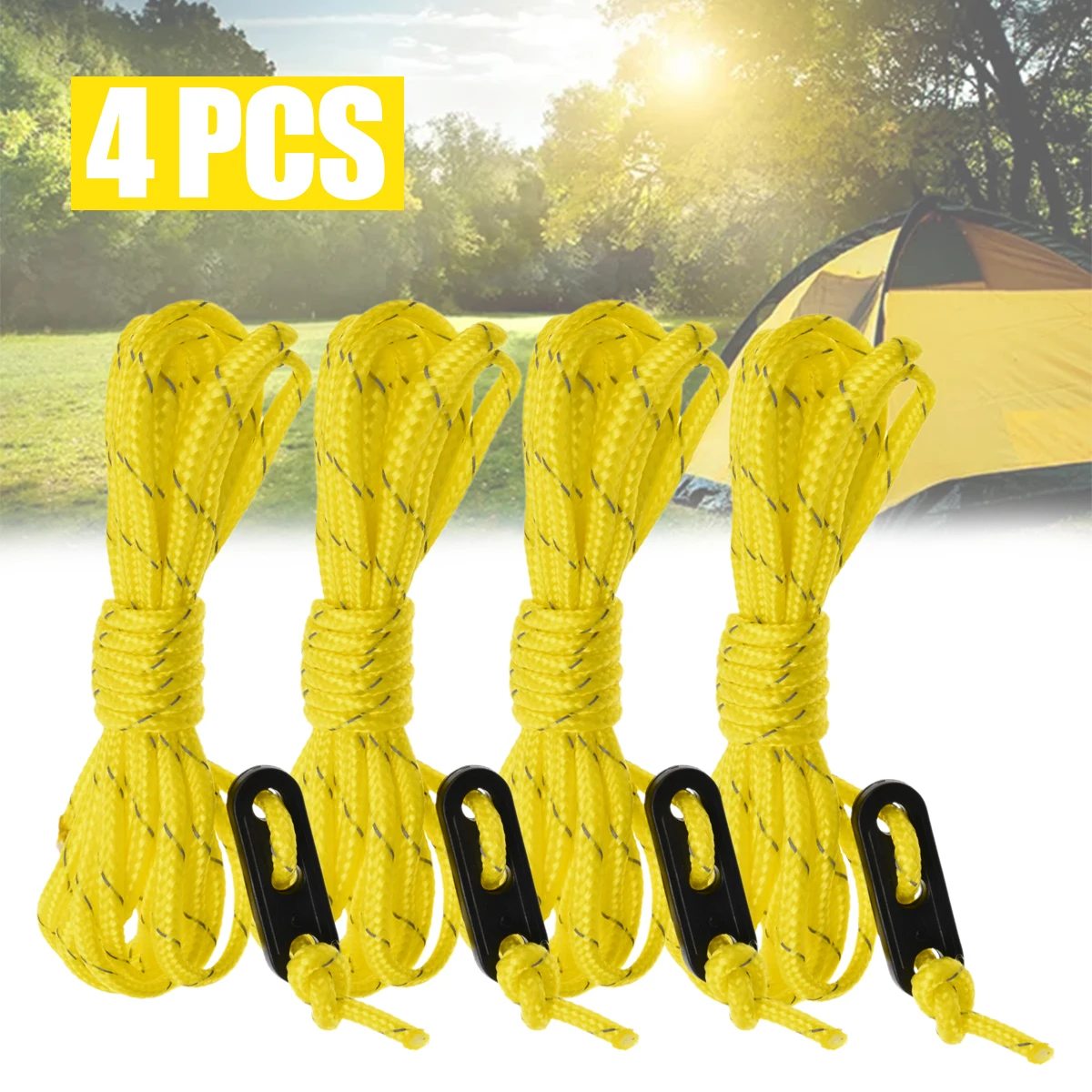 4pcs Strong Fluorescent Yellow Guyline Runner Multifunction Outdoor Wind Guy Line Camping Cord Paracord Tent Ropes Lightweight