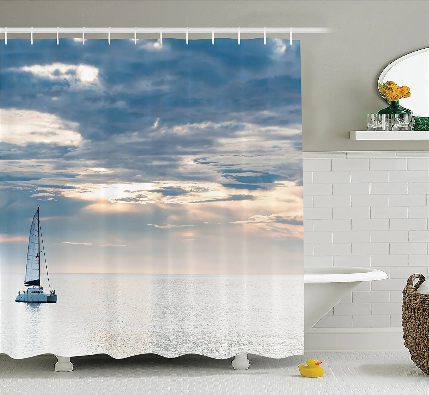 Sailboat Nautical Decor Shower Curtain Set Sailing Yacht in the Morning