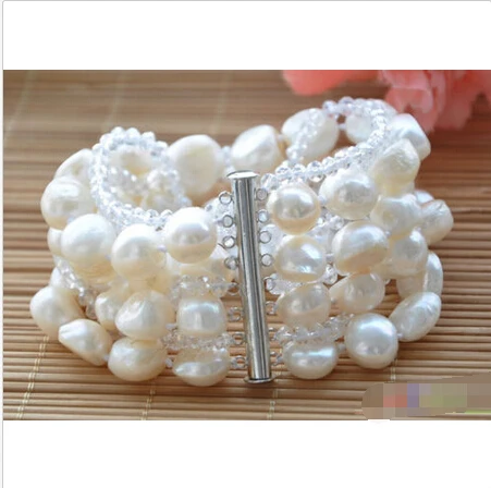 

Free shipping >>>>>>P4271 8row 8" 15mm WHITE BAROQUE freshwater pearl faceted crystal BRACELET