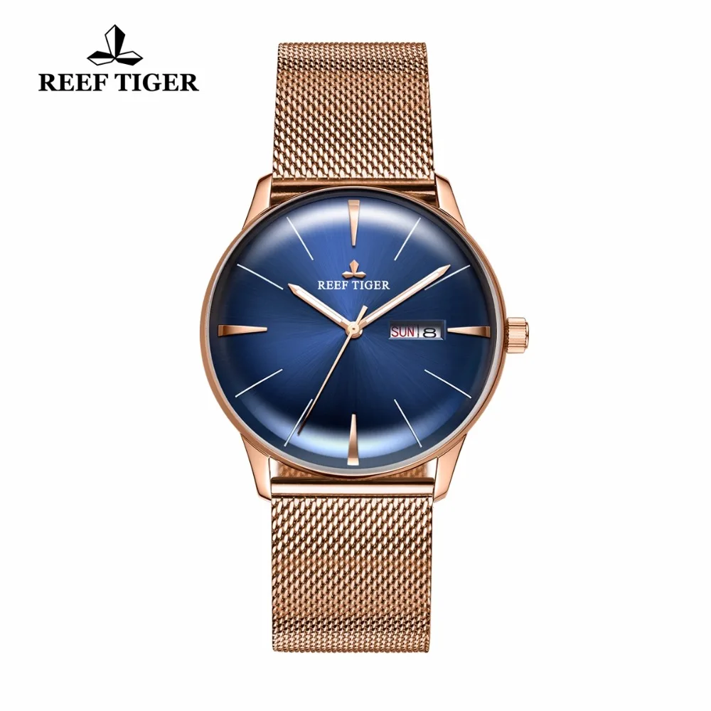 

New Reef Tiger/RT Designer Automatic Watches Rose Gold Blue Dial Watches with Date Day Convex Lens Watches for Men RGA8238