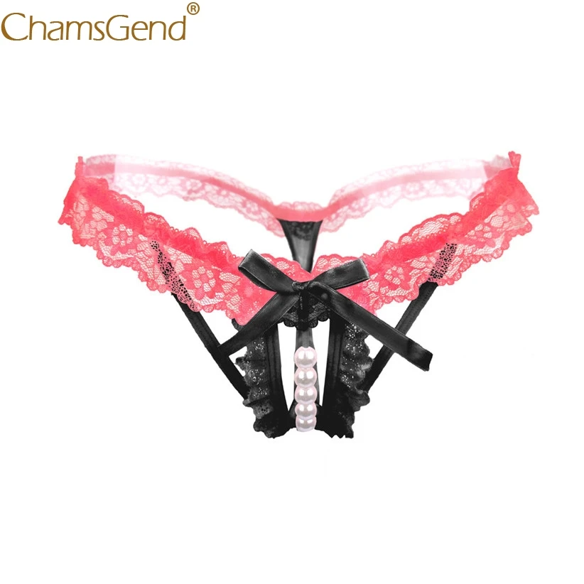 Chamsgend Intimates Women Sexy Hot Underwear Transparent Hollow Lace Bow Crotch G String Sexy Thong with Pearl Beads 80111