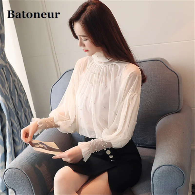 2018-New-Spring-Autumn-Free-Shipping-Casual-Women-Shirt-Lantern-Sleeved-Turtleneck-Fashion-Elegant-Female-Beading (1)