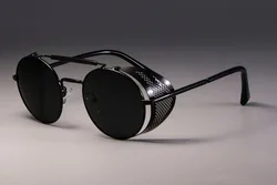 Steampunk Retro Round Sunglasses with UV400 Protection - Unisex Cool Shades with Metal Frame (Black black)