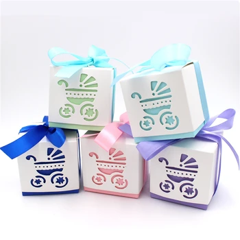 

Free shipping 50pcs/lot Many colors Baby Carriage Shower ribbon Sugar Box blue wedding Ray empty Candy Box Laser Cut Pink blue
