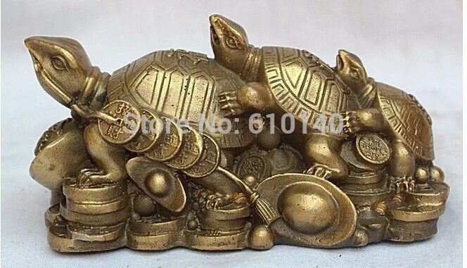 

China Chinese Brass Pure Fengshui 3 Dragon turtle Yuanbao Cion wealth Statue