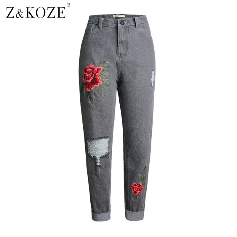 

Z&KOZE Boyfriend ripped jean women pants High waist embroidered flowers Fashion loose casual full length Denim Straight trousers