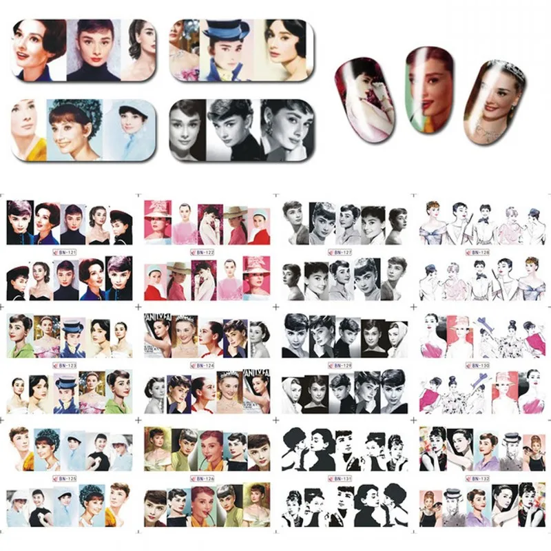 

12/1 Designs!!!Nail Art Water Transfer Decals Beauty Movie Star Audrey Hepburn Nail Art Decorations Sticker Decal #BN121-132#