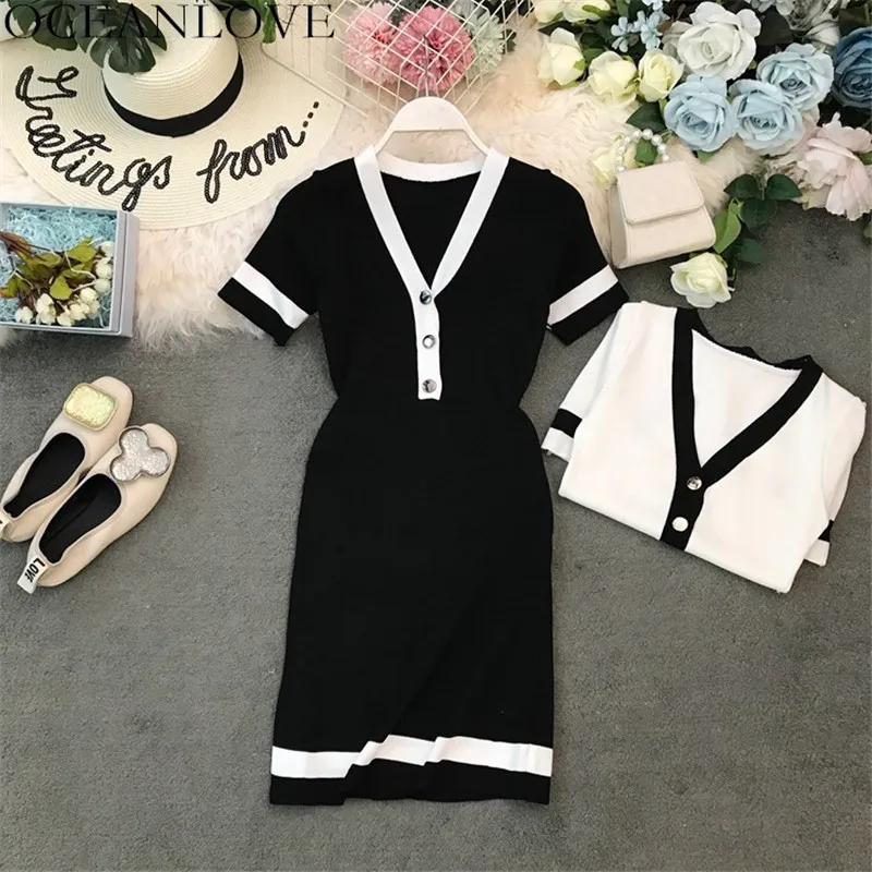 

OCEANLOVE Button Vestidos Short Sleeve Korean Summer Dress Women Knitting Stretch Dresses V-neck Bodycon Slim Robe Femme 11916