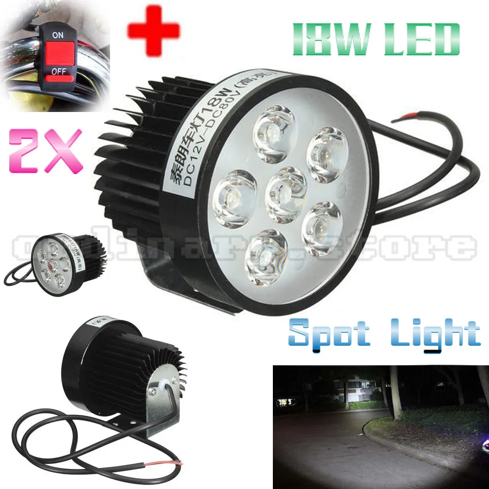 

2x Super Bright 18W 6 LED Motorcycle Headlight Driving Fog Light For All Electric Moto Spot Lamp Safety Night With 1PCS Switch