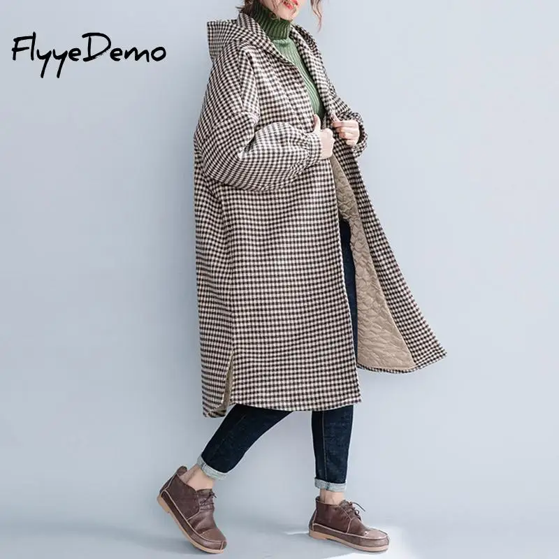 

Plus Size Winter Warm Jacket Long Coat Women Fashion 2019 Plaid Hooded Woman Loose Jackets Parka Womens Tops High Quality