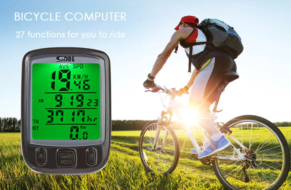 SunDing отдыха велосипедов компьютер Водонепроницаемость Велоспорт пробега Спидометр с зеленым Подсветка