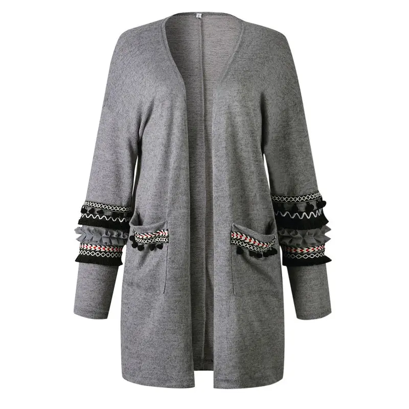 Осенне-зимний модный длинный кардиган в стиле пэчворк, Женский вязаный свитер с длинными рукавами и карманами для женщин - Цвет: Темно-серый