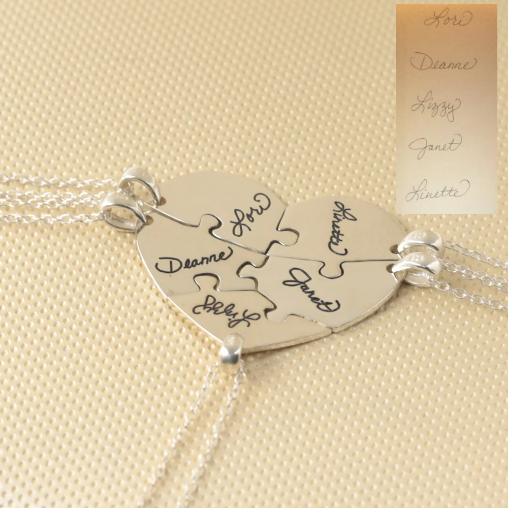 Custom 5 Pieces Heart Puzzle Necklace with Signature Engraved Pendent