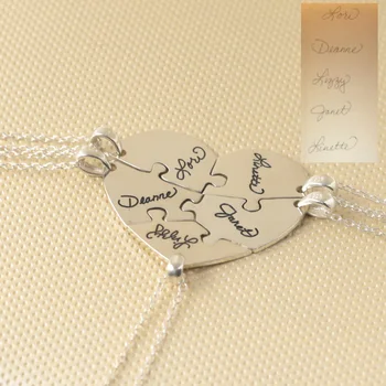

Custom 5 Pieces Heart Puzzle Necklace with Signature Engraved Pendent 925 Solid Silver Family Necklace Set Christmas Gift