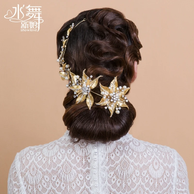 Korean bridal hair accessories rhinestone pearl flowers 3d golden leaf luxury hair jewelry headdress headpiece