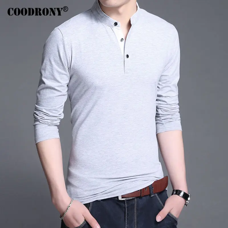 COODRONY, хлопковая футболка для мужчин, новинка, весна-осень, длинный рукав, футболка для мужчин, воротник-стойка, футболка для мужчин, модный бренд, топ, футболка 7606