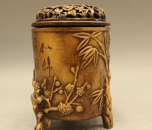 

wholesale factory 5" Marked Chinese Copper Pine Plum Blossom Bamboo Tree Incense Burner Censer
