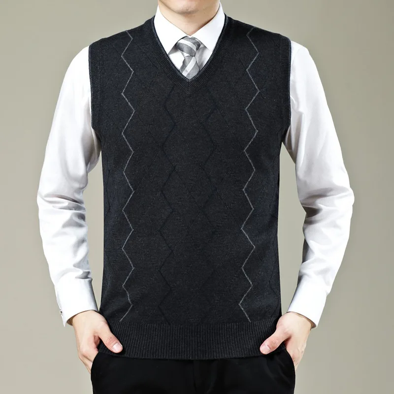 Icpans Vests V Neck Black Casual Knitted Waistcoat Men Tweed Cotton