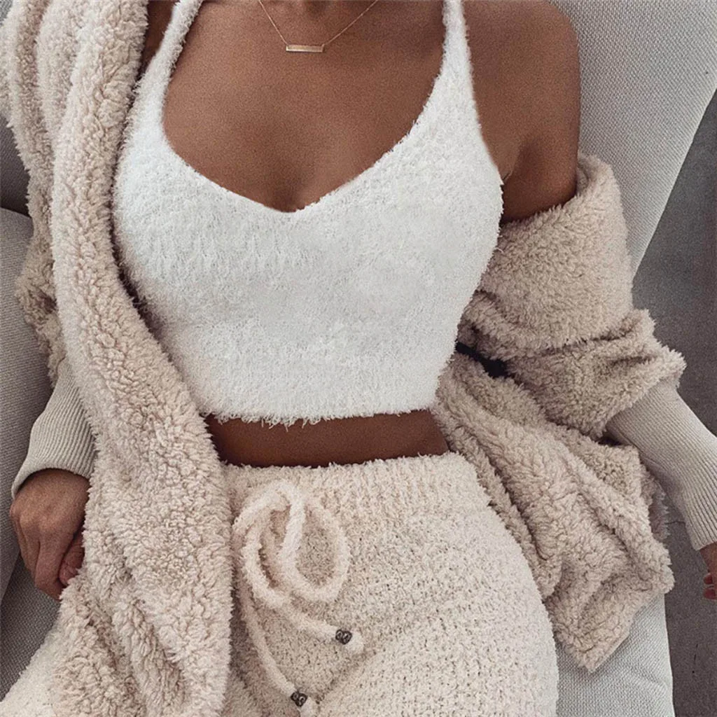 

2019 Women Winter Lamb Wool Warm Fleece V Neck Tanks Navel Bare Cropped Vest Solid Tops Cami Thick Camisole Female Tube Vest #F