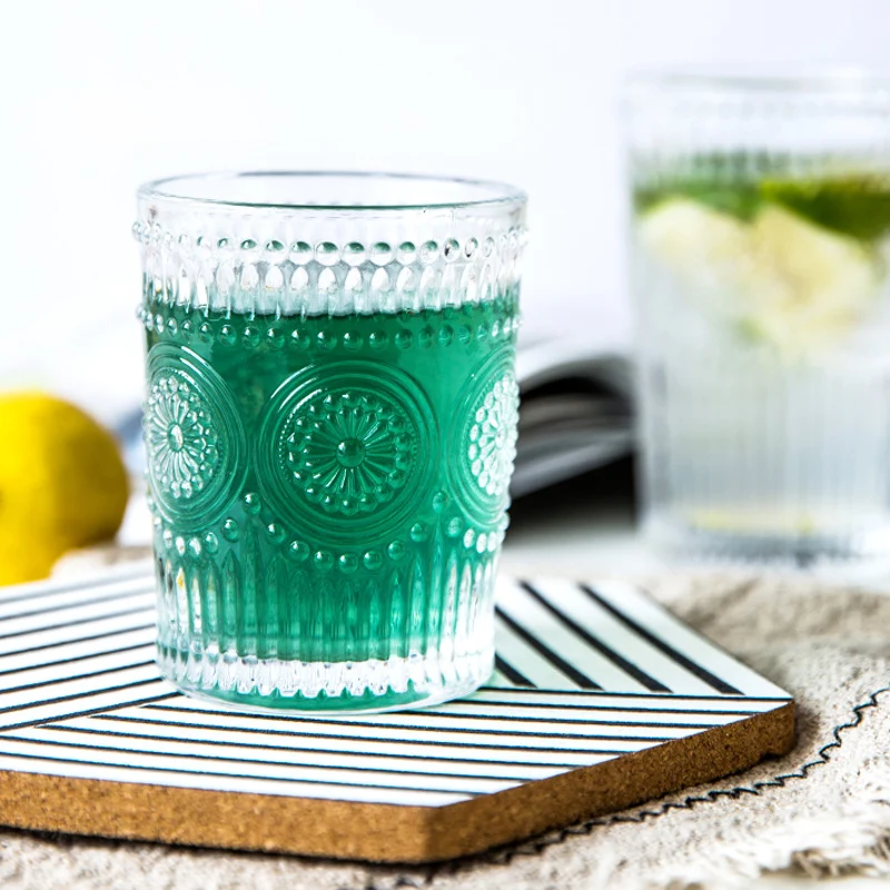 Antique Class Cups Clear Color Fancy Embossed Glass Cups Sunflower Pattern Juice Wine Milk Cup Glassware Drinkware Gift (10)