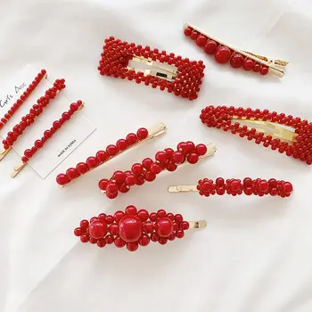 

2019 Fashion Metal Hair Accessories Geometricr Red Color Hair Clip For Women Imitiation Pearl Hairpin Barrettes Hairgrip