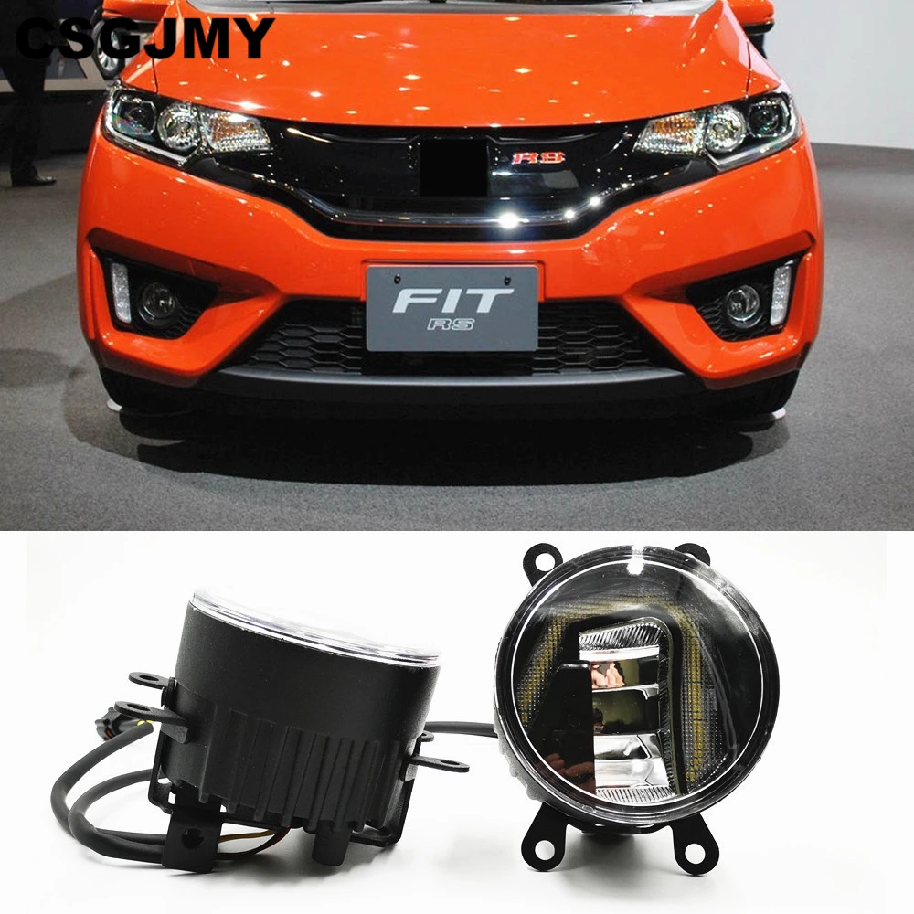 

3-IN-1 Functions LED DRL Daytime Running Light Car Projector Fog Lamp with yellow signal For Honda Jazz Fit 2014 2015 2016 2017