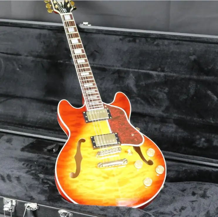 

AES-339A Semi Hollow Body Electric Guitar AAA Quilted Maple Top&Back Grover Tuner Gold Hardware Tortoise Free Shipping VS Color