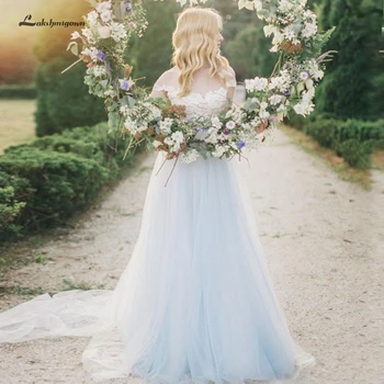 

Lakshmigown Bohemian Wedding Dress Beach 2019 Simple Tulle Blue Wedding Dresses Sexy Lace Bridal Gown Cap Sleeve Vestido Novia
