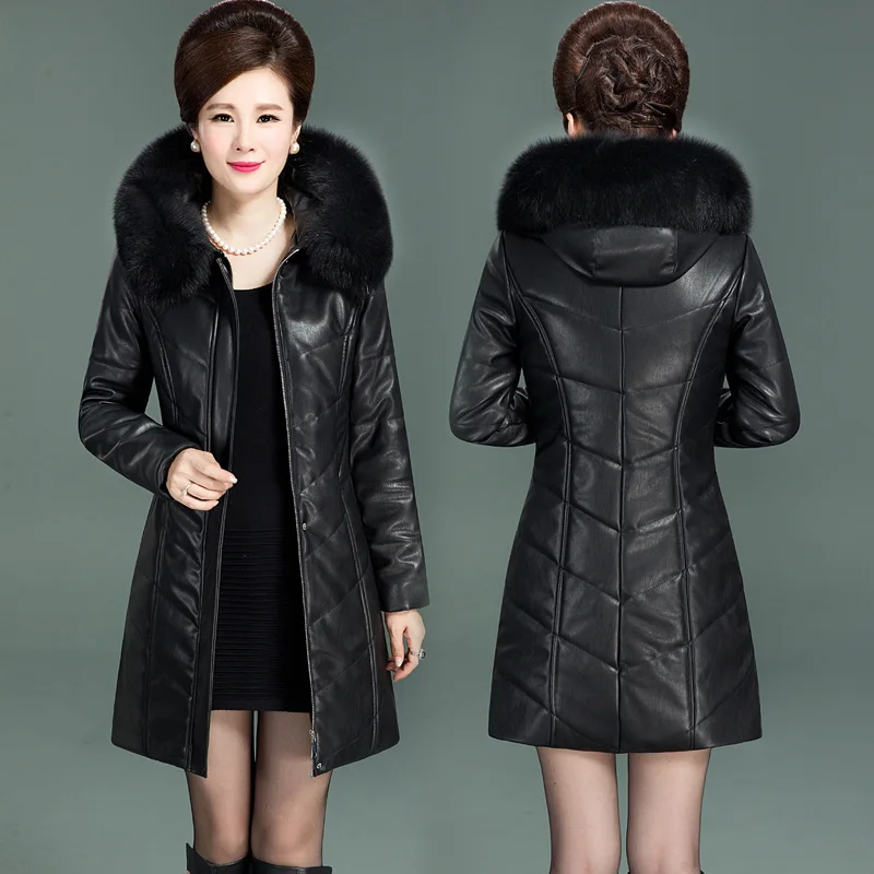 Зимняя женская куртка с меховым воротником, Длинная женская парка с капюшоном, Толстая теплая тонкая водонепроницаемая кожаная куртка размера плюс, верхняя одежда 6XL Okd441 - Цвет: Black